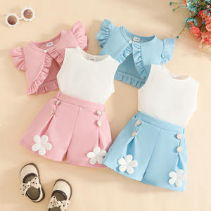 Ensemble d'été pour <span class=keywords><strong>fille</strong></span> de 0 à 3 <span class=keywords><strong>ans</strong></span>, style occidental mignon et doux, couleur unie, sans manches, avec volants, veste courte + <span class=keywords><strong>gilet</strong></span> + short fleuri, personnalisé 3T - Product Image 1