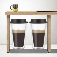 Tazweeq Lot de 2 tasses à café en verre borosilicate à double paroi avec couvercles en silicone 14 OZ Rétention de chaleur Anti-fuite Design moderne