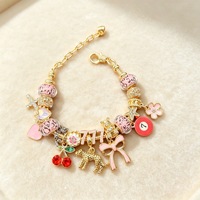 Bracelet à breloques plaqué argent imprimé léopard rose, avec croix, cerise, nœud, fleur, cœur, étoile, porte-bonheur 7, bracelet perlé