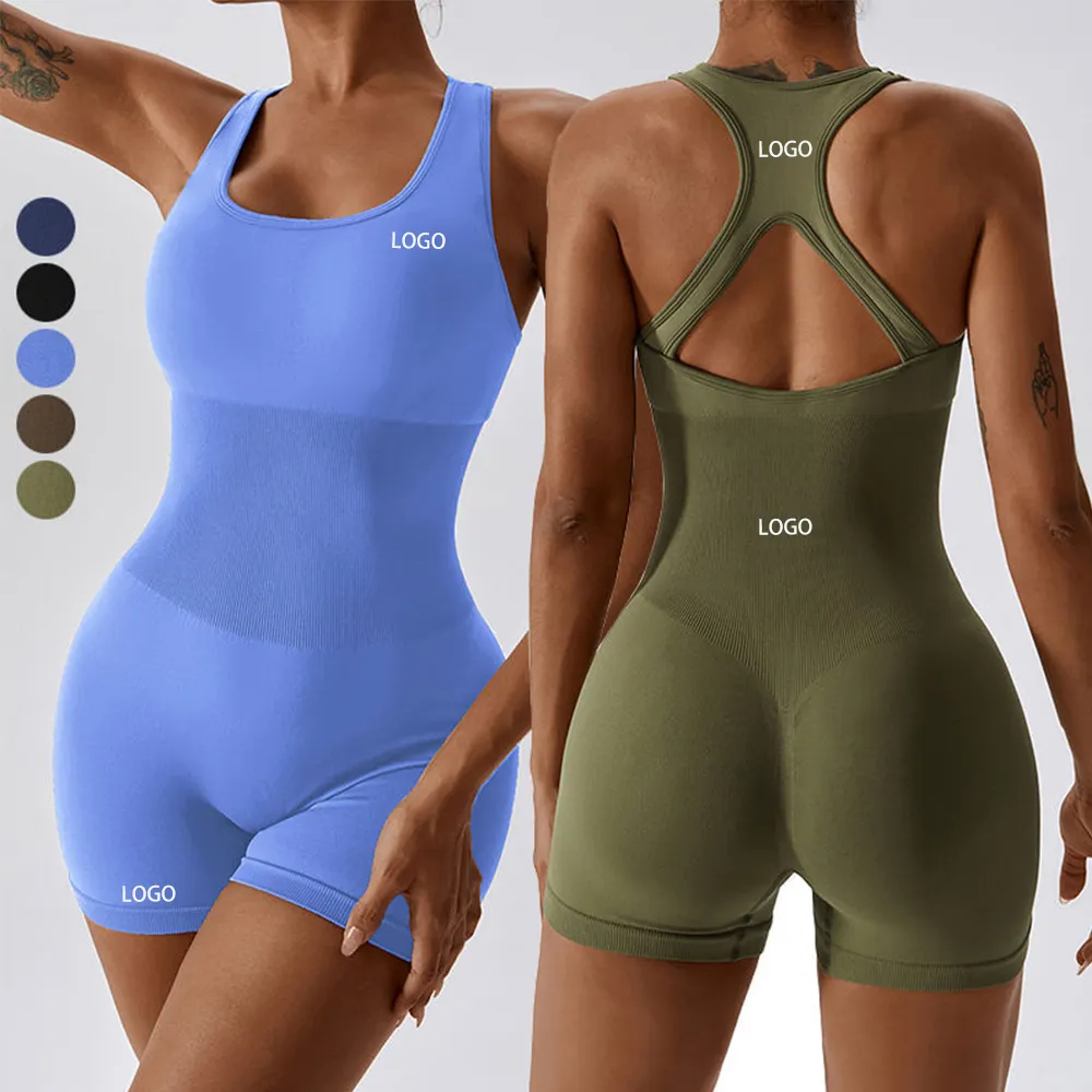 OEM ODM gerippte einteilige Sportstrampler ärmellose Aktivbekleidung kurzer Körperanzug Yoga-Bekleidung Training nahtloser Gesamtanzug für Damen