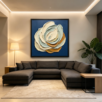 Lukisan Dinding 3D Motif Bunga Biru Dongker dengan Bingkai, Warna Sage Ivory Ochre, Dekorasi Abstrak Bunga untuk Resort, Suite, Galeri, Ruang Tamu