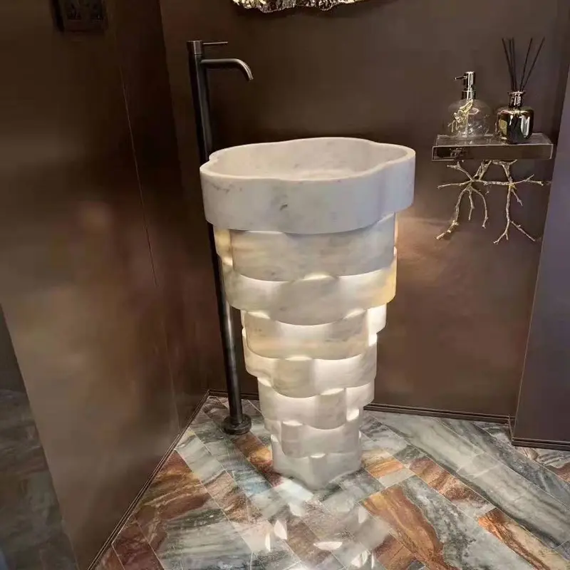 Armário de banheiro em pedra natural HZX de luxo moderno autônomo em mármore para pia de banheiro
