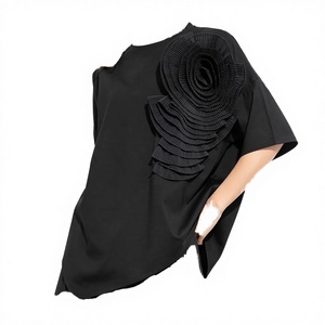 Camiseta de Mujer al por Mayor, Verano 2025, Nueva, Transpirable, Casual, Elegante, Cuello Redondo, Estampado Floral en 3D, Color Sólido, Manga Corta, 100% Algodón - Product Image 3