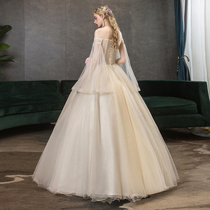 Off Shoulder Champagne Color Long Evening Gown Women's Stage Performance Dress With Puffy Skirt For Vocal Arts Choir Folk Songs - Product Image 3