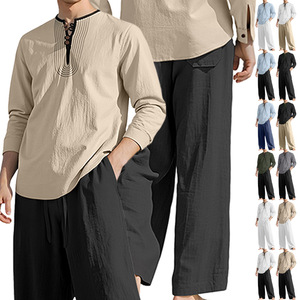 Ensemble chemise et pantalon décontractés en lin pour hommes, manches longues, amples, respirants, pour usage quotidien, blanc et bleu, tenue longue pour la plage - Product Image 4