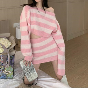 Mode Dame Herfst Nieuwkomer Ronde Hals Lange Mouw Parel Kralen Trui En Heup Wikkel Rok Trui Set - Product Image 6