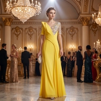 Robe de soirée jaune vif pour femme, élégante, avec sequins et cristaux, col en V asymétrique, drapée et plissée, pour invitée de mariage, personnalisable OEM/ODM