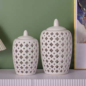 Hot khắc lưới trang trí sứ đền Jar truyền thống xuyên thủng gừng Jar với nắp cắt ra Bình gốm cho trang trí nội thất - Product Image 5