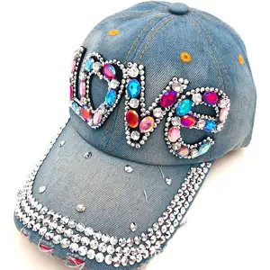 Adjustable Girls Rhinestones Denim Baseball Hats Washed Color Cotton Jeans Diamond Rhinestone Bling Bling Baseball Cap For Women