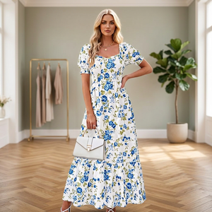 Nouvelle Robe Longue Élégante à Col Carré et Taille Haute, Manches Courtes, Imprimé Floral, pour Femme, Idéale pour Soirées, Tenues Décontractées et Quotidiennes, Personnalisable OEM/ODM - Product Image 3