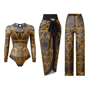 Stok 2026 9 warna cetak Wanita 3 potong pakaian renang lengan panjang Mesh baju renang pantai sarung celana panjang Set ukuran besar pakaian pantai S-2XL - Product Image 2
