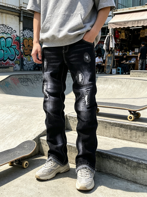 New Arrival Men's Black Denim Jeans Contrast Stitching Whiskered Distressed Ripped Jean Pants Streetwear Slim Fit Mens Trousers