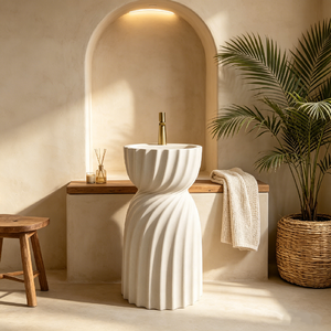 อ่างล้างหน้าแบบตั้งพื้นทรงโค้งวับบิซาบิ พร้อมฐานรองแบบมีร่อง ผลิตจากหินสังเคราะห์คุณภาพสูง ดีไซน์หรูหรา เหมาะสำหรับห้องน้ำ - Product Image 1