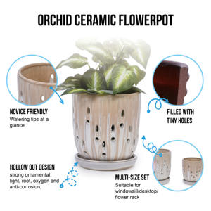 Ensemble de 2 pots de fleurs ronds en céramique Mdj, couleur beige, avec trou de drainage, pour une utilisation en intérieur, en extérieur, à la maison ou au jardin - Product Image 6