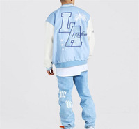 Veste de baseball universitaire pour homme, personnalisée, écologique, coupe-vent, en laine d'automne, avec broderie chenille et lettres bleues sur le devant, style hip-hop