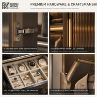 Système de dressing moderne de luxe sur mesure avec portes vitrées et commode îlot pour chambre principale de villa