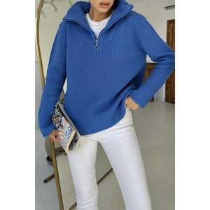 Pull en maille à col roulé bleu pour femme, manches longues, décontracté, anti-boulochage, mélange de laine 12 GG, pour l'automne et l'hiver - Product Image 2