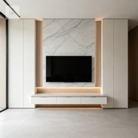 XINGRUO Mueble de TV Contemporáneo a Medida, Color Beige Crema, Panel de Pared de Piedra Integrado, Consola Multimedia de Lujo Personalizada