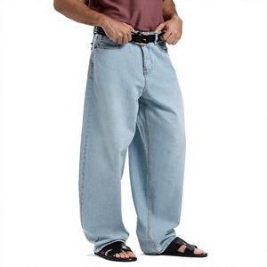Men's Light Blue Wide Leg Denim Jeans High Waist Loose Fit Casual Style Spring Cotton Fabric Regular Wash - Product Image 3