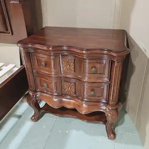 Antique Bedroom Furniture Classic Carved Wooden Pull Button Bed Home Villa Solid Wooden King Size Bed Bedside Table