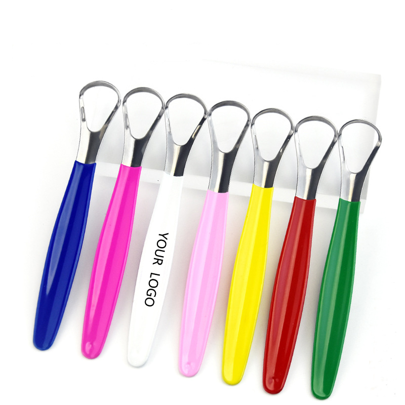 Custom Logo Print 100% Stainless Steel Tongue Cleaners 304 Stainless Steel Tongue Scraper with Plastic Handle