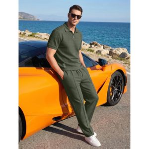 FOXA Mens <b>Waffle</b> Polo <b>Shirt</b> And Pants Set Breathable Casual Loungewear Summer Outfit For Men - Product Image 2