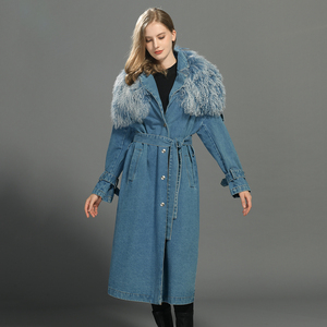 Wholesale Detachable Big Natural Mongolian Lamb Fur Collar Trench Coat Belt Soft Jeans Ladies <strong>Women</strong> Winter Real Fur <strong>Denim</strong> <strong>Jacket</strong> - Product Image 6