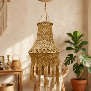 Handwoven Cotton Round Pendant Lamp Natural Hanging Light <b>Boho</b> Fringe Living Room <b>Home</b> <b>Decor</b> - Product Image 3