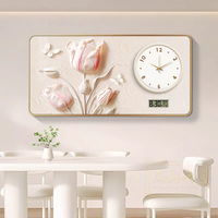 Lukisan Porselen Kristal Bunga Beige Mewah Terbaru 2026 dengan Jam Jarum Kalender, Dekorasi Rumah Floral untuk Ruang Tamu