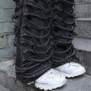 جينز رجالي واسع الساق للخريف/الشتاء قابل للتخصيص أسود ممزق أزرق فاتح مغسول متوتر شارع الهيب هوب - Product Image 4