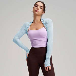 Aoyema – Boléro court à manches longues pour <span class=keywords><strong>femme</strong></span>, ouvert sur le devant, avec trous pour les pouces, vente en gros, vêtements de sport et yoga personnalisés - Product Image 3