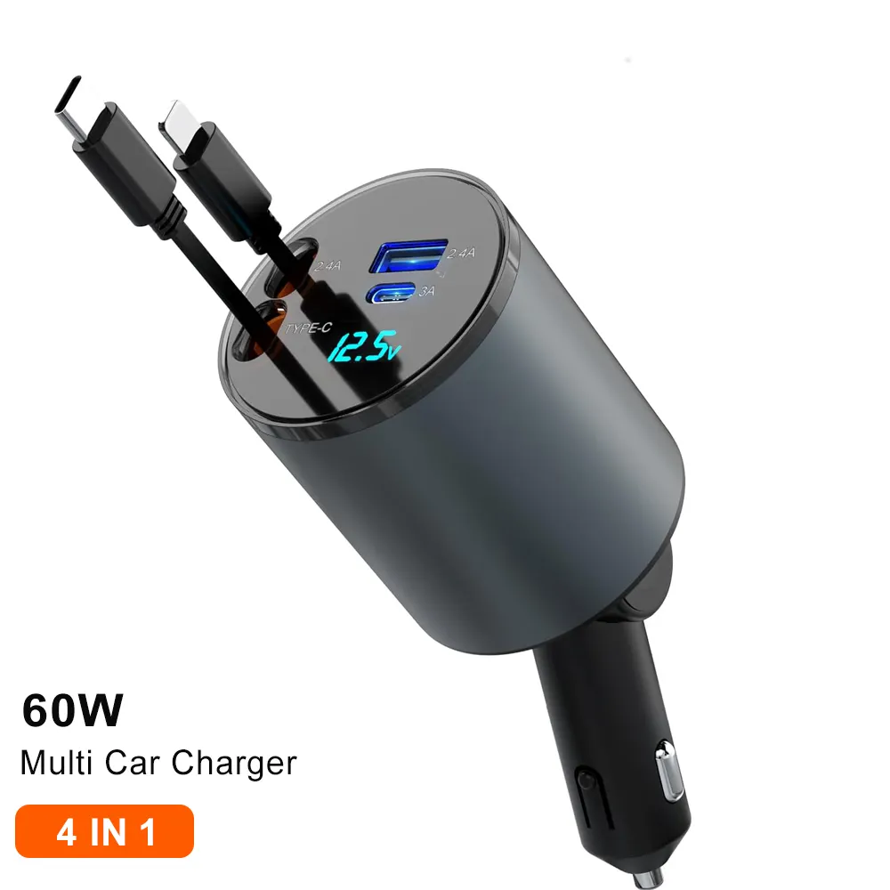 Multi Retractable Car Charger 4 in 1 Car Fast Charger 60W Retractable Cables (2.6FT) Type C Ports FOR iPhone 15 Samsung