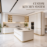 Meuble de cuisine moderne sur mesure, armoire modulaire sans poignée, design à panneaux plats avec éclairage LED pour projet de villa ou appartement