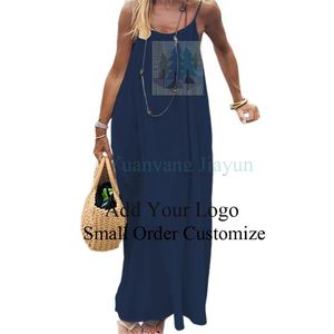 Abito lungo estivo da donna stile bohémien con spalline sottili, fantasia a pois svizzera, senza maniche, arricciato, linea ad A, fluido - Product Image 2