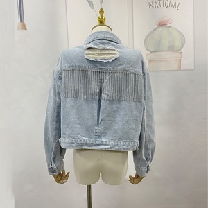 ODM OEM marca privada Fall Winer Vintage rasgado Jean Shacket Rhinestone Fringe Denim Jacket Mujer - Product Image 6