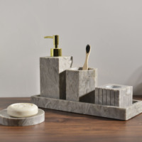 Ensemble d'accessoires de salle de bain en marbre naturel massif, distributeur de savon, flacon de shampoing, porte-brosse à dents, organisateur pour salle de bain d'hôtel