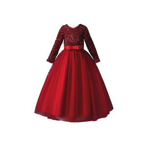 Girls Sequined Tulle Ball Gown Dress Burgundy O-Neck Long Sleeve Flower Girl Dress - Product Image 3