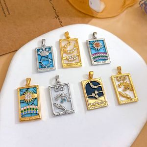 Pendentifs rectangulaires HD873 Mystic Tarot en or et argent bicolore, émail, zircon, lune, cœur, soleil, arc-en-ciel pour la fabrication de bijoux - Product Image 4