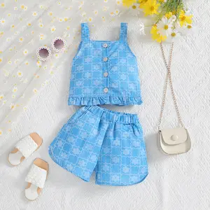Luxe Baby Meisjes Kleding Hemelsblauwe Bloem Mouwloze T-Shirt Shorts 2 Stuks Kinderkleding Zomer Groothandel Set Van Kleding Voor Meisje