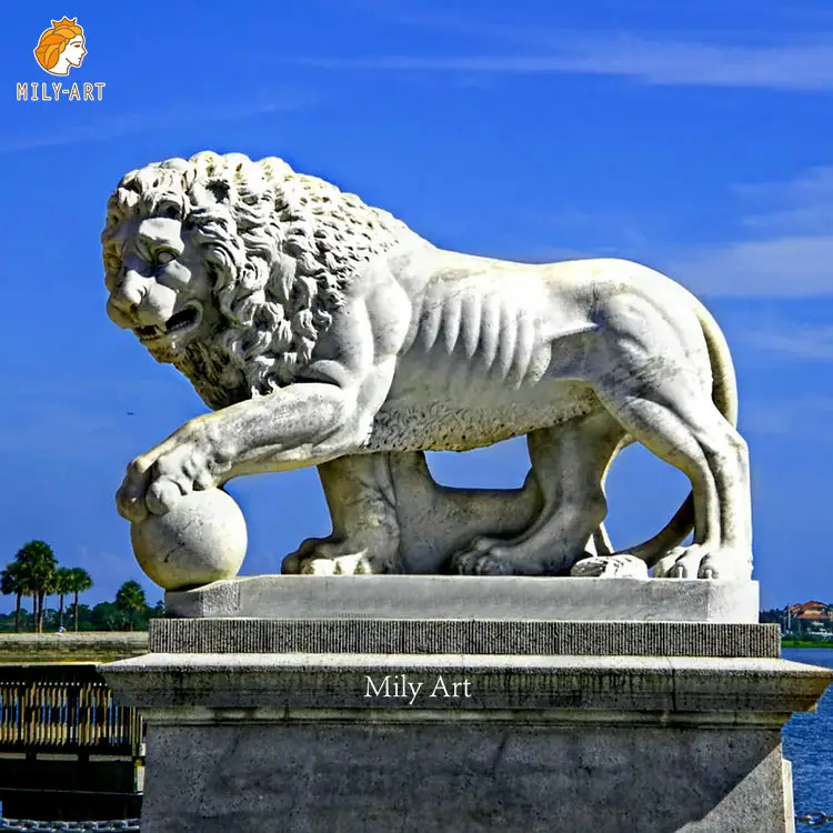 Natural Stone Marble Lion Statues with Ball Standing White Lion Sculptures for Home Decoration