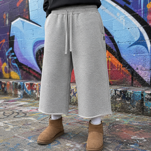 Pantaloni da Uomo Larghi e Corti in Felpa, Gamba Larga, in Maglia di Pile, con Bordi Sfrangiati, Elasticizzati, Dritti, in Jersey, Stile Skate, in Poliestere - Product Image 1