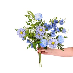 Bouquet de fleurs artificielles bleu clair, chrysanthème, hortensia, décoration de mariage, décoration de la maison, tissu en soie PVC, bouquet fait main - Product Image 5