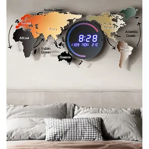 Relojes de pared digitales acrílicos decorativos de pared de 74x34cm reloj Led inteligente con forma de mapa del mundo creativo con calendario