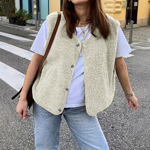 Cropped Lamb Wool Sleeveless <strong>Gilet</strong> Solid Color for <strong>Women</strong> V Neck Vintage Windproof Warm <strong>Fleece</strong> Waistcoat Casual Outerwear Vest - Product Image 2