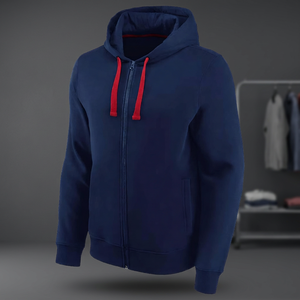 <b>Men's</b> <b>Navy</b> Blue Hooded Zip-Up Sweatshirt Regular Fit <b>Fleece</b> Casual Solid Color Long Sleeve Autumn Wear - Product Image 4