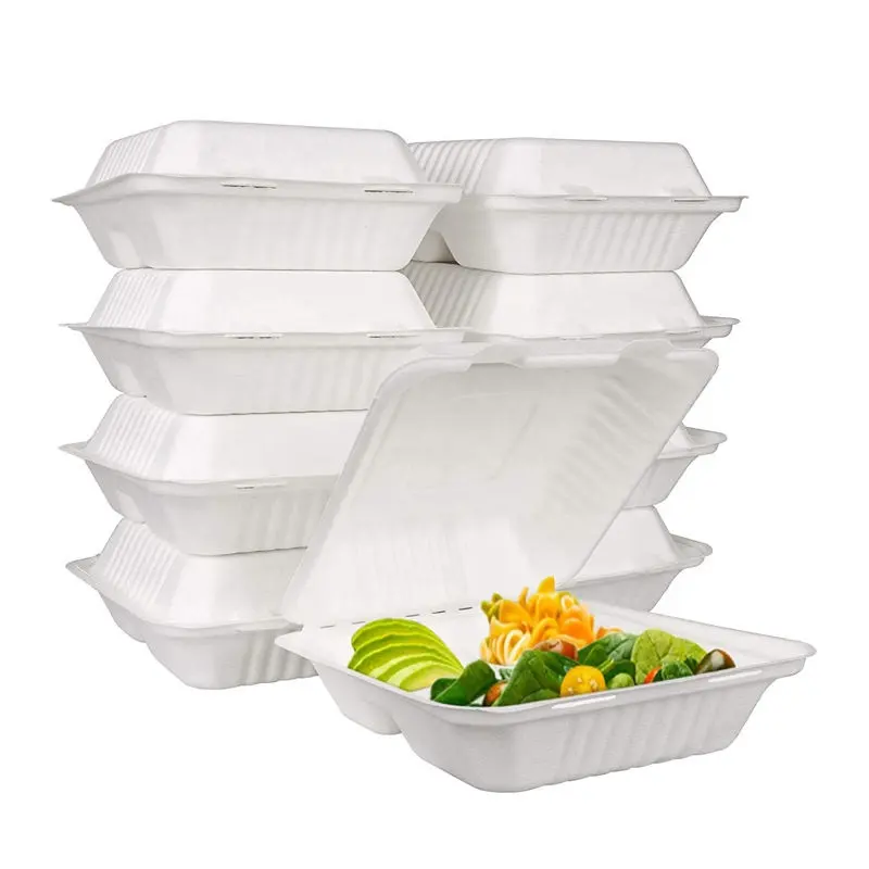 Personalizado 1200ml Impermeable, resistente al aceite, Biodegradable Clam Shell Bento Box Embalaje Contenedor de alimentos