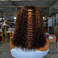 Peluca de Cabello Humano Virgen SDD, Cabello Natural, 250% de Densidad, 14 Pulgadas, Frontal de Encaje 4x4, Rizado Profundo, Estilo BOB, con Mechas