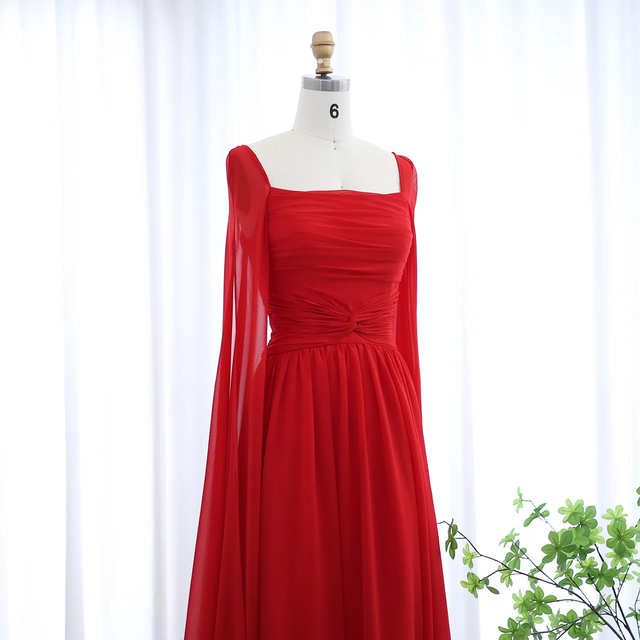 Custom Made Elegant Red Organza Arabic Vintage Party Floor-Length Evening Dresses Crystal Pleat Cap Sleeves Square Pattern
