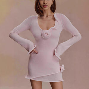 LM R768 <span class=keywords><strong>Abito</strong></span> <span class=keywords><strong>Mini</strong></span> in Maglia <span class=keywords><strong>Viola</strong></span> con Scollo a V, Decorazioni Floreali e Orlo Arricciato a Maniche Lunghe - Product Image 4