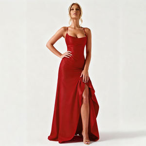 Robe longue élégante rouge dos nu à bretelles pour femme, avec ourlet à volants, taille haute, coupe ajustée et jupe asymétrique, idéale pour les soirées - Product Image 1